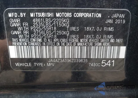 2019 Mitsubishi Outlander Se/Sel/Le from USA, damaged, VIN JA4AZ3A39KZ039635
